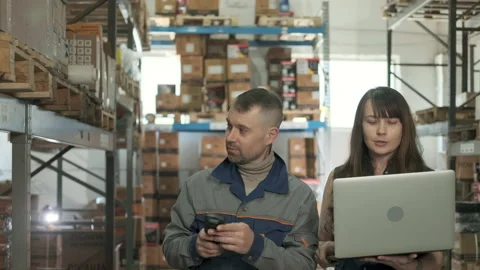 Employee takes inventory using scanner of large distribution center Stock Footage 195158677