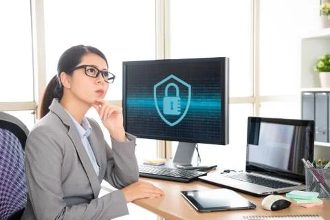 Employee thinking how to solve security problem 스톡 사진