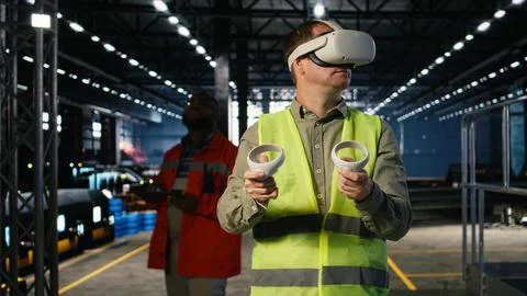 Employee uses VR headset to test 3D simulation concepts for heavy machinery Stock Photos