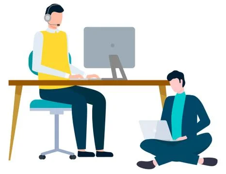 Employee Using Computer, Worldwide Work Vector 스톡 일러스트
