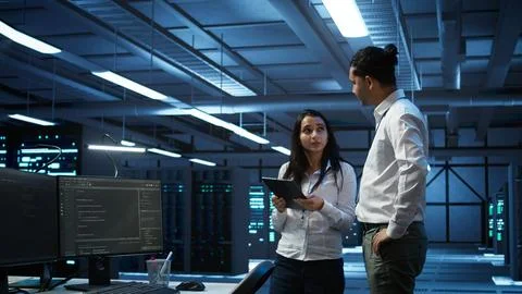 Employee using green screen devices in server farm used for automation Stockfoto's