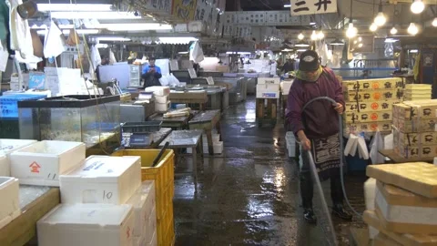Employee Using Hose Inside The Biggest Fish Market In Tokyo, Japan Stock Footage 158994186
