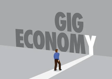 Employee walking towards a light path with the text gig economy. Business con Stock Illustration