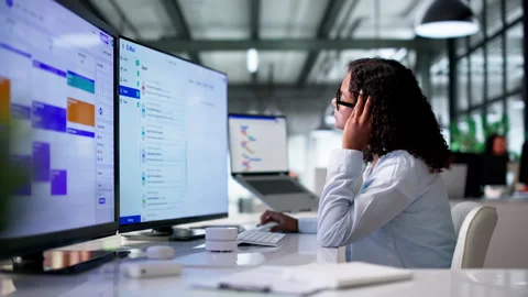 An Employee Woman Stressed At Computer Dealing Stock Footage 339190858