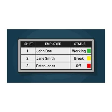 Employee work shift status schedule table with color indicators Stock Illustration