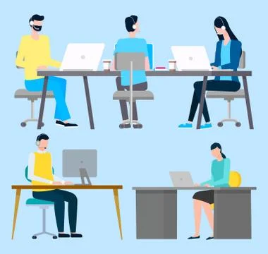 Employee Working with Computer, Business Vector Stock Illustration