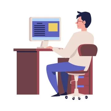 Employee working computer at office, flat cartoon vector illustration isolated Illustrazione stock