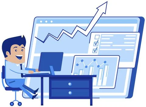 Employee working with statistics, business data on computer. Male worker Stock Illustration