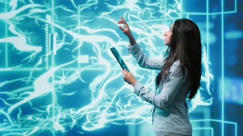 Employee working on tablet, developing AI machine learning algorithms 動画素材 278621854