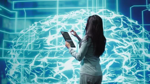 Employee working on tablet, developing AI machine learning algorithms Stock Footage 278694813
