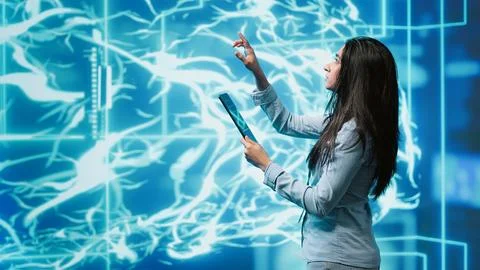 Employee working on tablet, developing AI machine learning algorithms Stock Photos