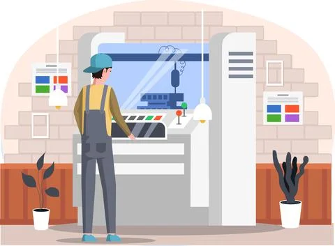 Employee works with industrial printer computer control panel. Worker prints on Stock Illustration