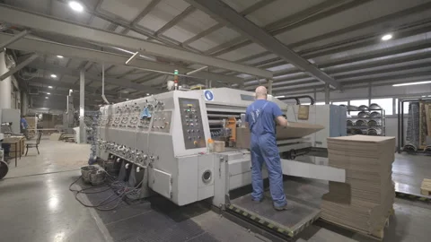 Employee works with large machine for making corrugated cardboard Stock Footage 290508748