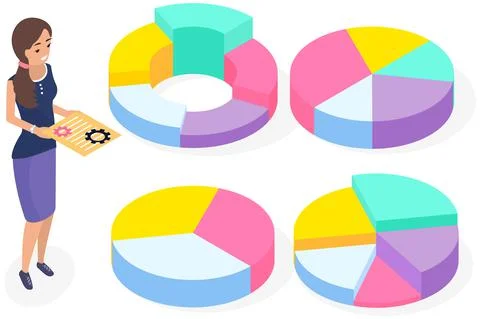 Employee works with statistical indicators in form of pie chart, data analysis Stock Illustration
