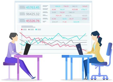 Employees analysing statistical indicators, working together. Women with laptops 스톡 일러스트