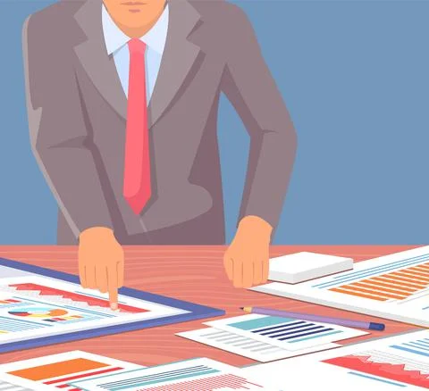 Employees analyze statistical indicators, business data. Characters work with Stock Illustration