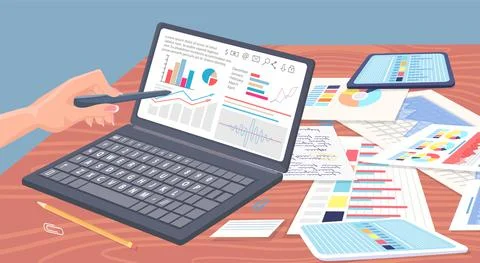 Employees analyze statistical indicators, business data. Characters work with Stock Illustration