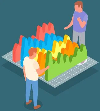Employees analyze statistical indicators, business data. Characters work with Stock Illustration