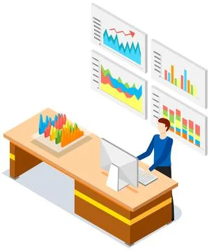 Employees analyze statistical indicators, business data. Characters work with Stock Illustration