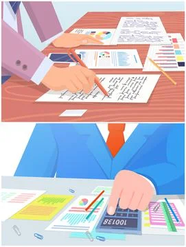 Employees analyze statistical indicators, business data. Characters work with Stock Illustration