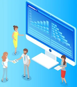 Employees analyze statistical indicators, business data. Characters work with Stock Illustration