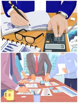 Employees analyze statistical indicators, business data. Characters work with Stock Illustration