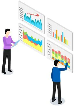 Employees analyze statistical indicators, business data. Characters work with Stock Illustration