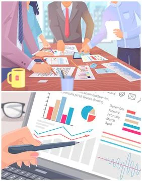 Employees analyze statistical indicators, business data. Characters work with Stock Illustration