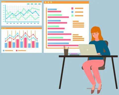 Employees analyze statistical indicators, business data. Characters work with Stock Illustration