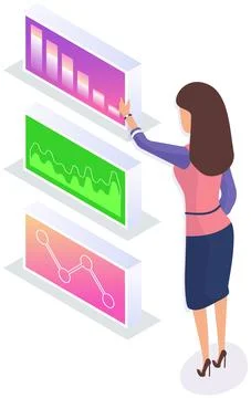 Employees analyze statistical indicators, business data. Characters work with Stock Illustration