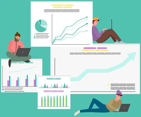 Employees analyze statistical indicators, business data. Characters work with Stock Illustration