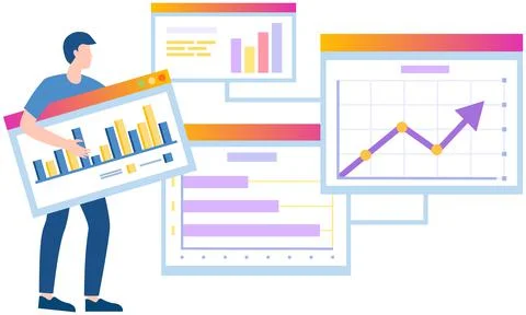 Employees analyze statistical indicators, business data. Characters work with Stock Illustration
