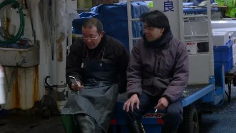 Employees On Break Inside The Biggest Fish Market In Tokyo, Japan Stock Footage 158994442
