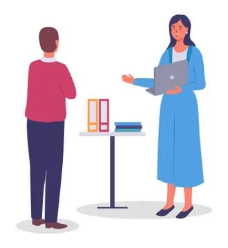 Employees communicate in room, table with documents. Office staff, colleagues Stock Illustration