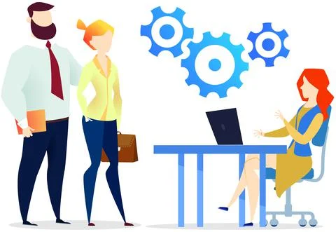 Employees discussing settings, technical support. Business people working with Illustrazione stock