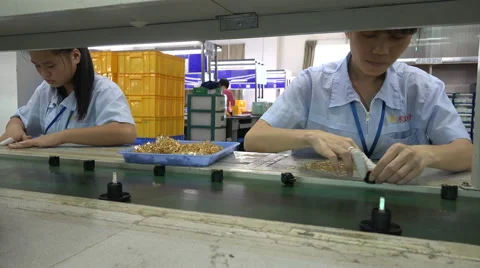 Employees of an electronics factory assemble components in Shenzhen, China Stock Footage 61245543