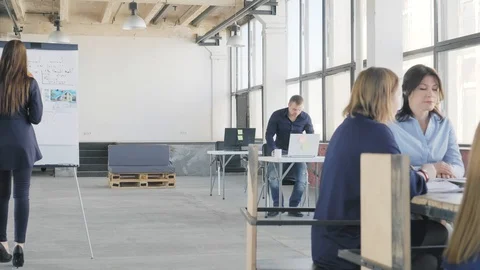 The employees get up from the workplace and go to the glass board where they Stock Footage 109420970