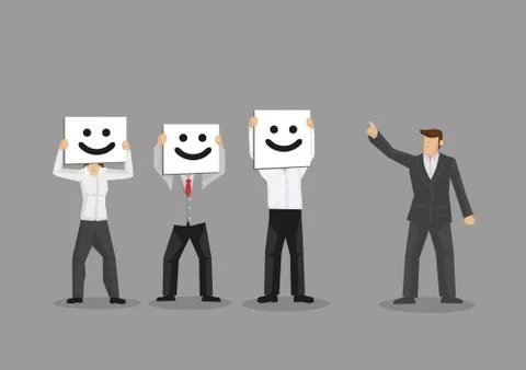 Employees Hide Behind Smiley Faces When Boss is Around Vector Illustration Illustrazione stock
