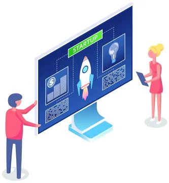 Employees look at startup presentation. Project at computer screen. Team launch Stock Illustration