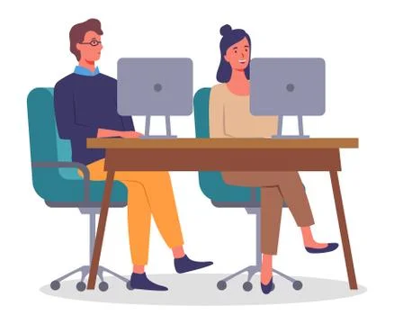 Employees in the office, at the table, monoblocks. Communicate and work together Stock Illustration