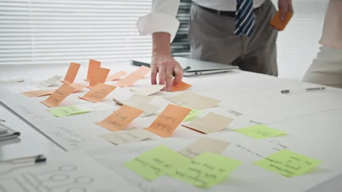 Employees Planning Working Process by Putting Stickers on Paper Stock Footage 282346281