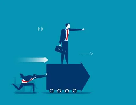 Employees push forward arrow and boss standing at on arrow. Concept buisness Stock Illustration