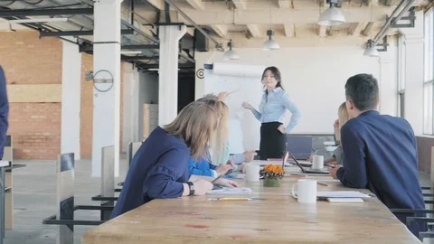 Employees sit at the table and discuss the presentation. A female team leader Stock Footage 111590538