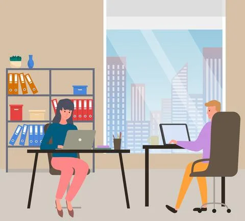 Employees sitting with digital technology, performing tasks in office Stock Illustration