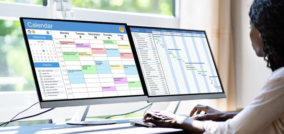 Employees Staff Schedule And Time Reports Or Computer Stock Photos