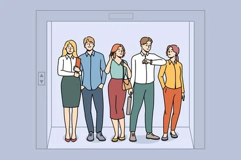 Employees standing in elevator in office Stock Illustration