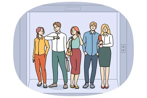 Employees standing in elevator in office Stock Illustration