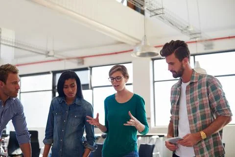 Employees, startup and creative problem solving in office, meeting and ideas for Foto stock