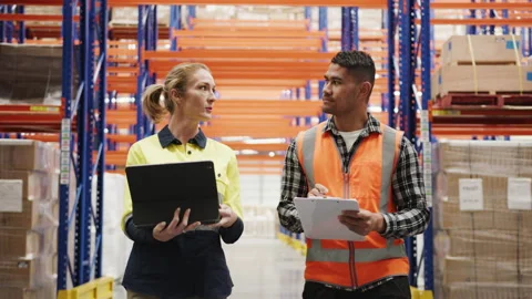 Employees talking in the warehouse Stock Footage 264085850