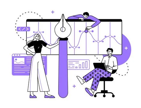 Employees work with data, analyze information, and build graph Illustrazione stock